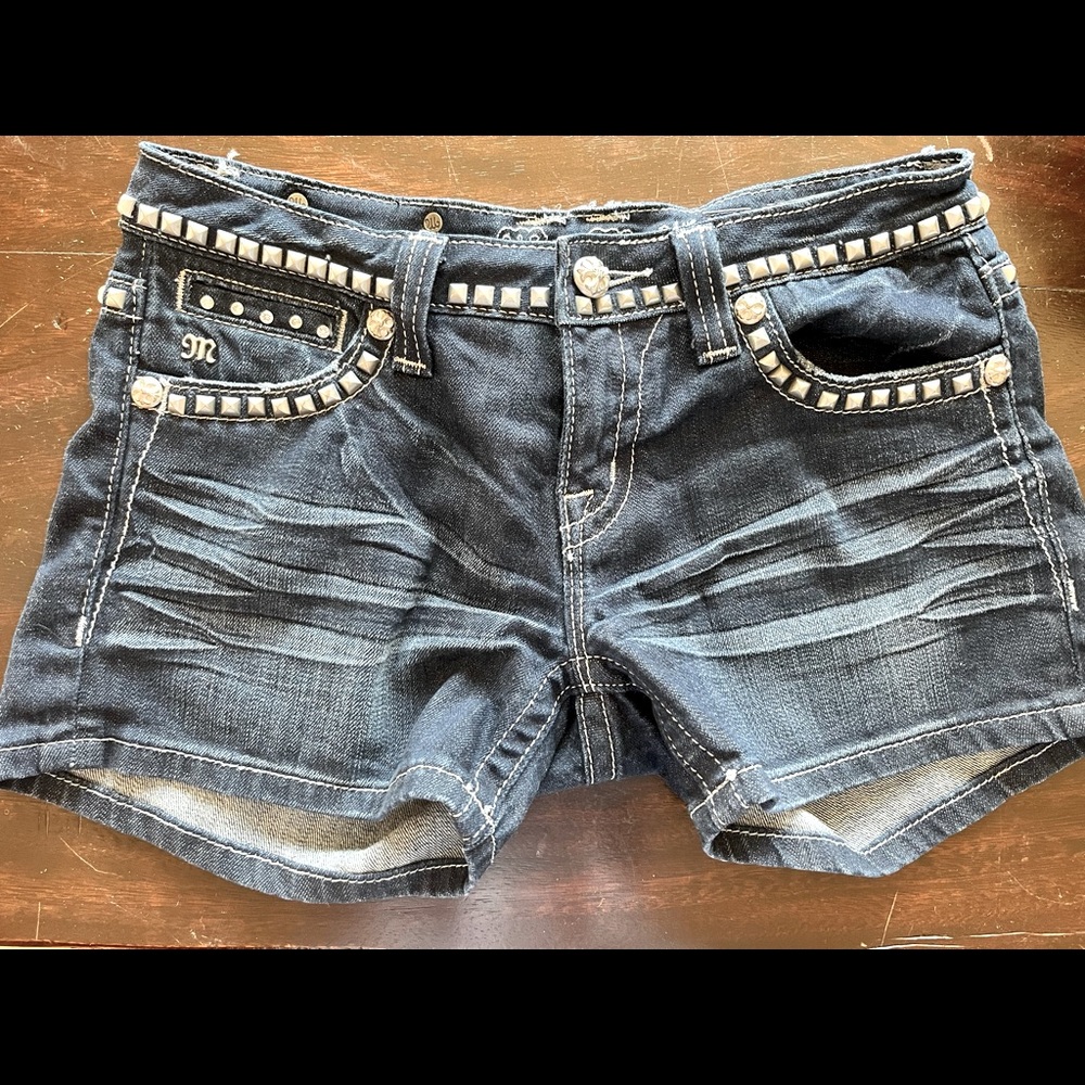 Miss Me Distressed Shorts with Diamond and Stud Embellishments - size 27